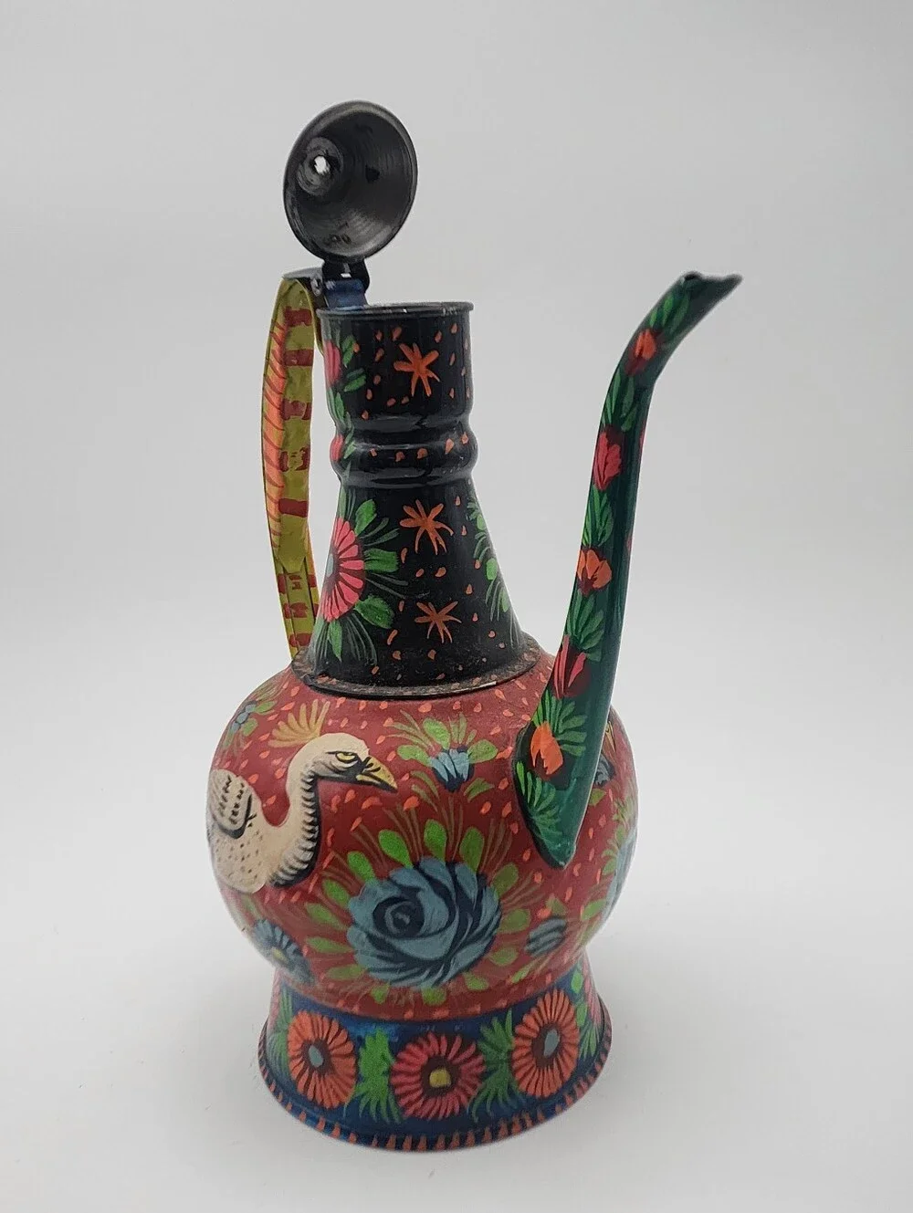 Vintage Boho Traditional Persian Folk Art Decorative Floral Motifs Tin Pitcher